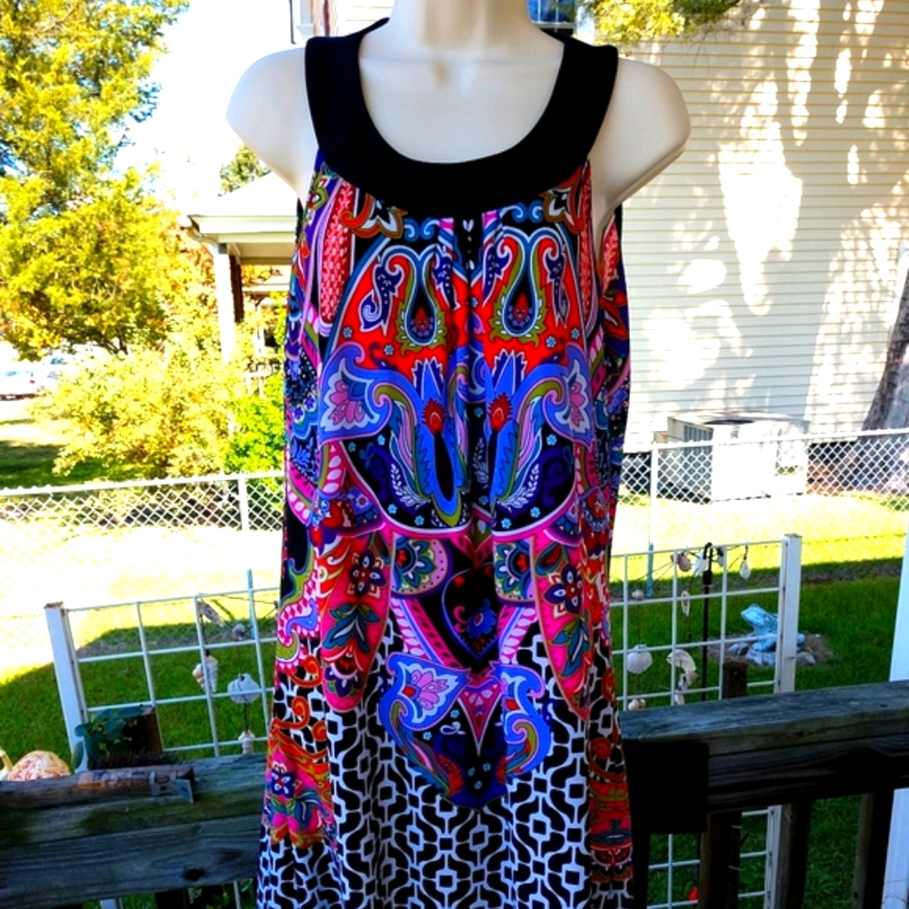 3/$25 ~ SUN DRESS Kim Rogers Sleeveless Multi Color Paisley Design Dress Small